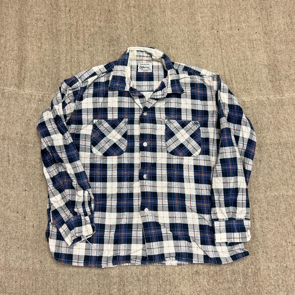 Vintage Murtag Flannel‎ Button Up Mens Large Blue 1970s Cotton